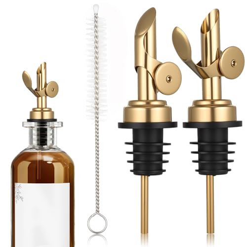 Xelsluthe Gold Stainless Steel Oil & Liquor Bottle Pourer Set - Self-Closing, Weighted
