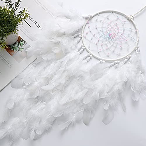 Handmade White Feather Dream Catcher with LED Lights, 20-Inch Wall Hanging