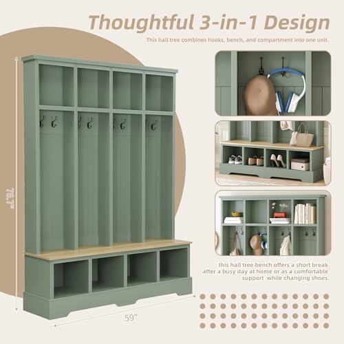 59-Inch Farmhouse Hall Tree with Bench, Shoe Storage, and 8 Coat Hooks