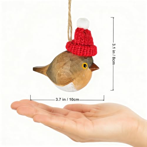 European Robin Wooden Christmas Ornament - Rustic Handcarved Holiday Decor