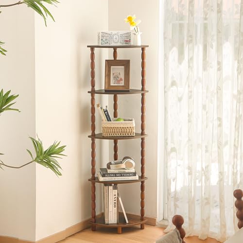 5-Tier Corner Bookshelf, Rustic Brown Wood Storage Display Shelf