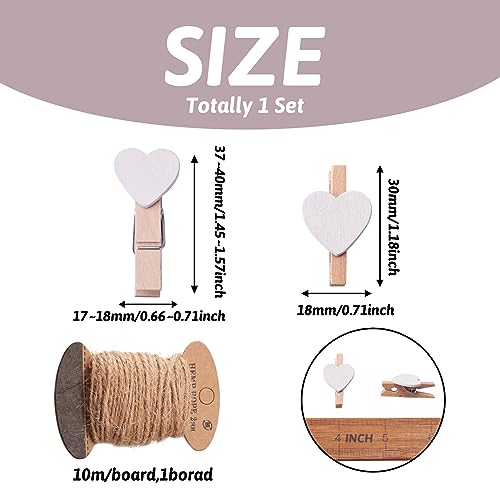 100pcs Heart Wooden Clothespins with Jute Twine for Photo Display and Crafts