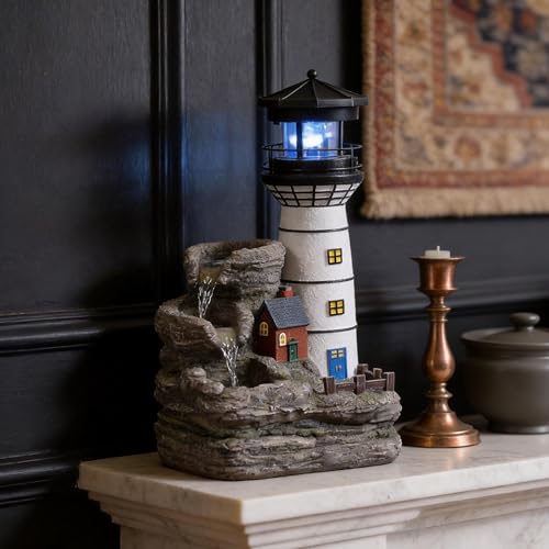 Coastal Lighthouse Tabletop Water Fountain with Blue LED Light