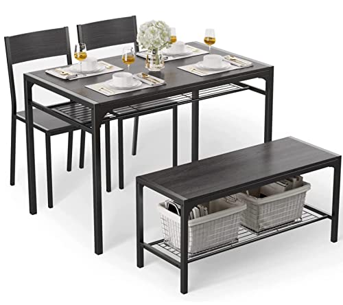 4-Piece Dining Table Set for 4 with Bench and Built-In Storage Racks - Black