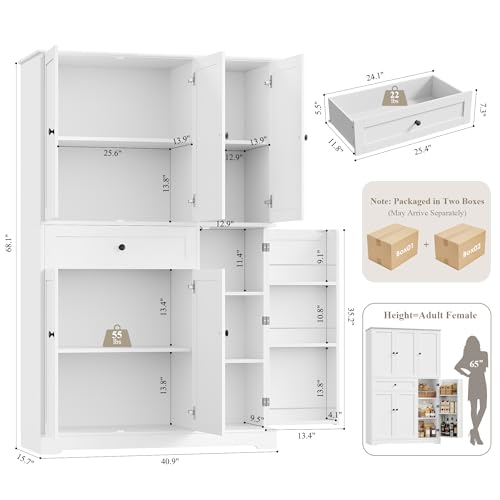68-Inch Freestanding Kitchen Pantry Storage Cabinet with Drawer, White