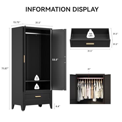 Modern Farmhouse Metal Wardrobe Closet with Hanging Rod and Drawer
