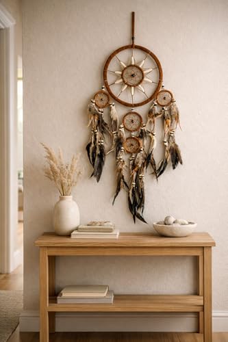 Brown Suede Dream Catcher - 28-Inch Handcrafted Wall Hanging with Feathers