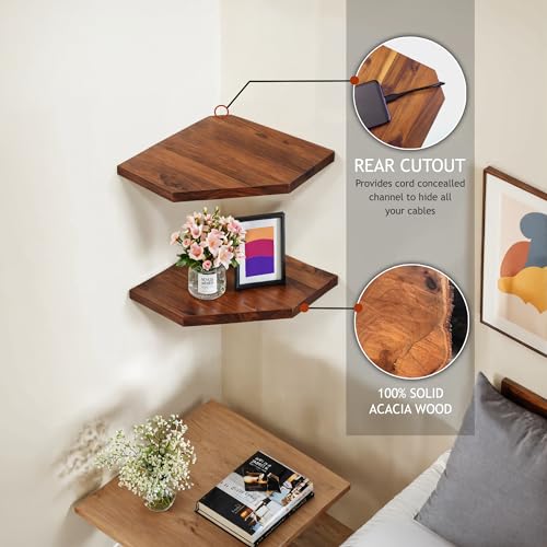 2-Pack Acacia Wood Floating Corner Shelves, 16.5-inch Wall Mount Shelf