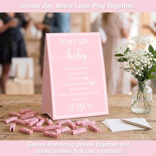 Don't Say Baby Shower Game Set with 52 Pink Clothespins and Sign