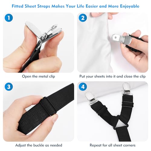 Adjustable Bed Sheet Straps - 2 Pack Elastic Sheet Holders with Metal Clips