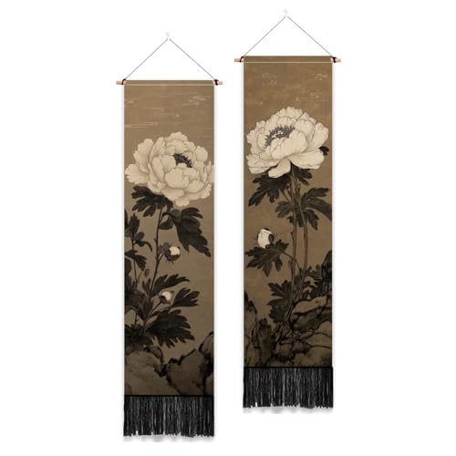 Japanese Peony Vertical Tapestry with Tassels (2 Pack) - Floral Wall Hanging