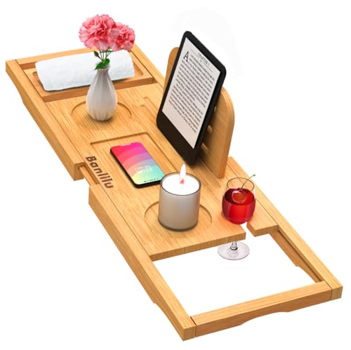 Banlilu Natural Bamboo Bathtub Caddy Tray Expandable Fits Most Tubs