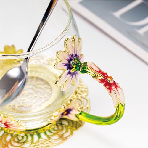 AISVELDY Gold and Green Daisy Flower Glass Coffee Mug with Spoon - Elegant Gift for Her, Mom, Grandma, Wife, Friends