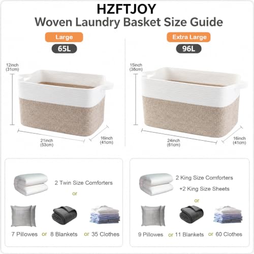 HZFTJOY 65L Cotton Rope Laundry Basket & Blanket Storage, 21"x16"x12"
