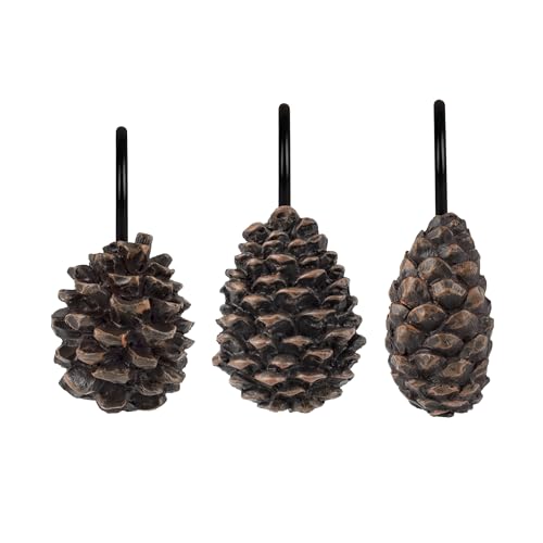 Sunlit Pinecone Family Shower Curtain Hooks Set of 12 with Black Hooks, Winter Christmas Decor