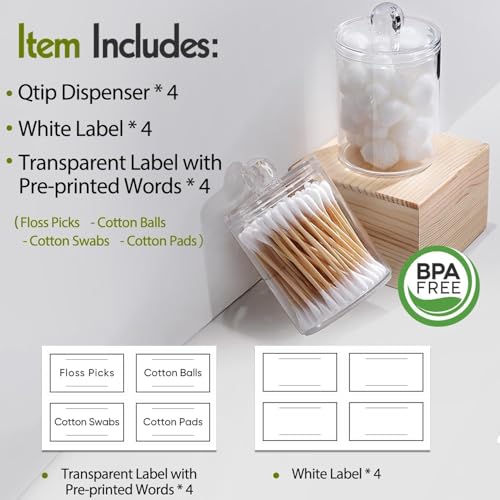 AOZITA 4-Pack Acrylic Q-Tip Holder Dispenser Set with Lids and Labels