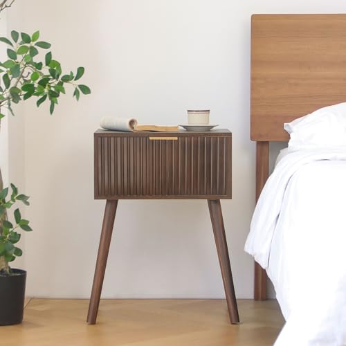 Mid-Century Fluted Nightstand with Drawer and Open Shelf, Walnut Finish