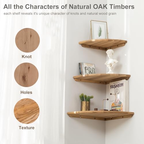 Set of 2 Solid Oak Wood Floating Corner Shelves, 7-Inch Wall Mount Shelf