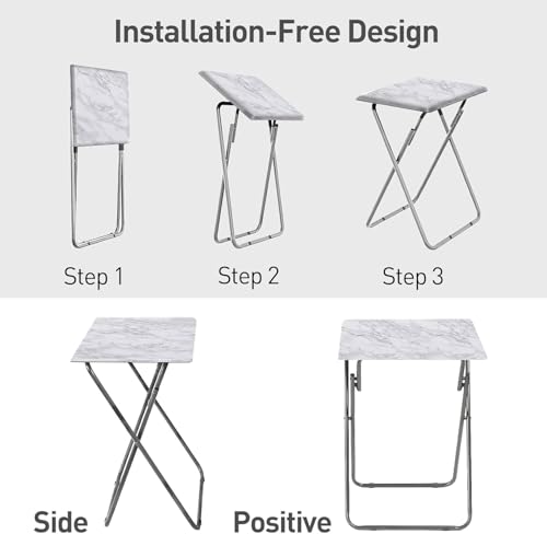 Folding TV Tray Table with Metal Frame - White Marble Snack Table