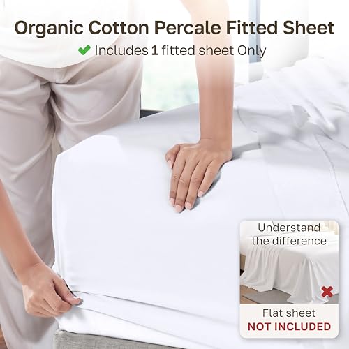 100% Organic Cotton Queen Fitted Sheet - Crisp White Percale, 15" Deep Pocket