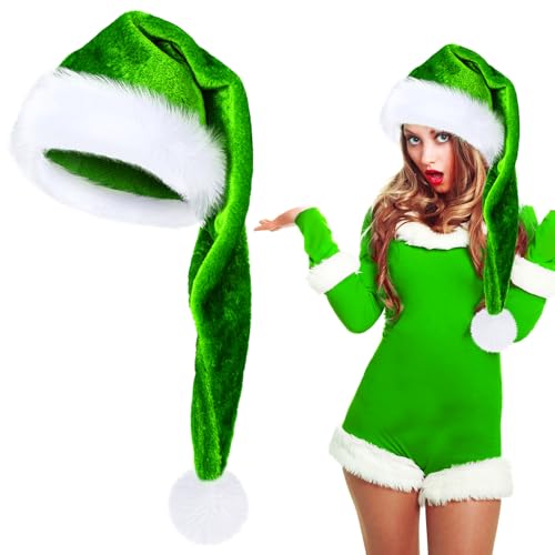 Green Santa Hat for Adults Unisex Velvet Plush Xmas Costume Accessory