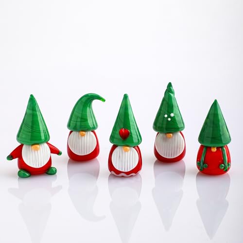 H&D HYALINE & DORA Gnomes Christmas Decorations Ornaments 5Pcs Mini Blown Glass Gnomes Figurines Handmade Glass Xmas Figurines for Tree, Santa and Gnome Party Supplies