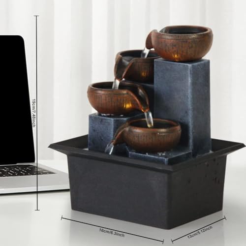 4-Tier Indoor Desktop Fountain with Warm LED Lights and Adjustable Pump