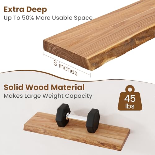 Rustic Live Edge Floating Shelves - Solid Elm Wood Wall Shelves (24 Inch, Set of 2)