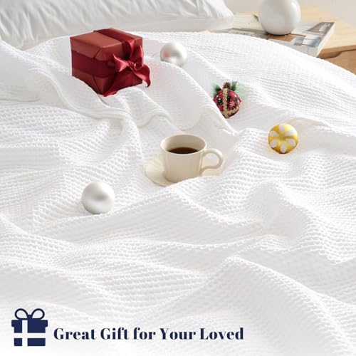 Cotton Waffle Blanket - Lightweight Queen Size White Throw