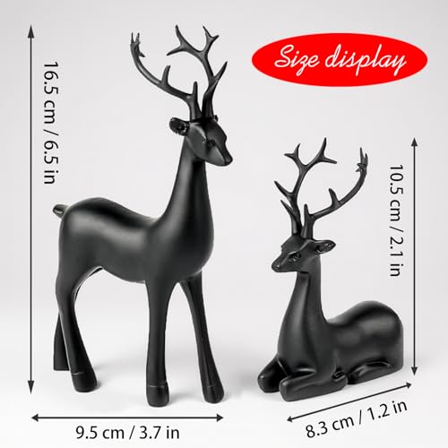 Black Small Reindeer Sculptures, 2 Pcs Matte Black Deer Christmas Decor, Modern Holiday Deer Statues, Reindeer Sculpture for Living Room, Bedroom, Office Desktop, Mantel, Shelf & Tabletop Decor