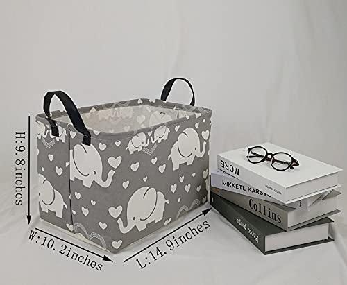Collapsible Canvas Storage Basket with Handles - Elephant Nursery Organizer