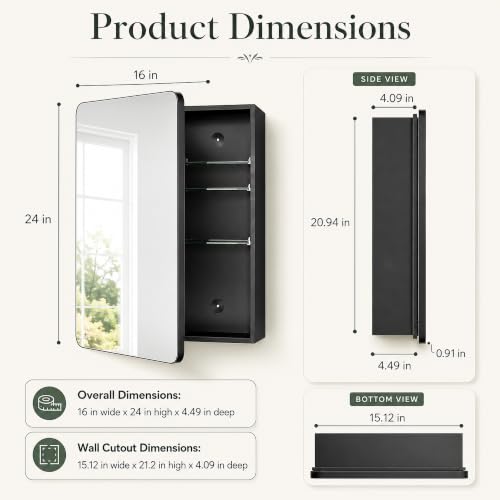 16x24 Black Medicine Cabinet with Mirror, Recessed or Surface Mount