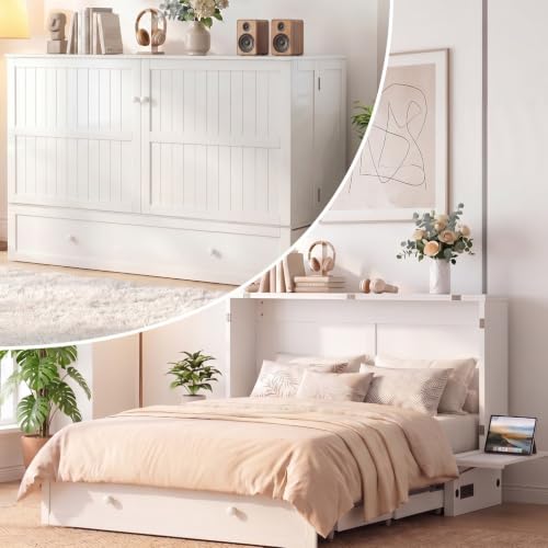 Queen Size Murphy Bed with Tri-Fold Mattress, USB Charging & Storage Drawers