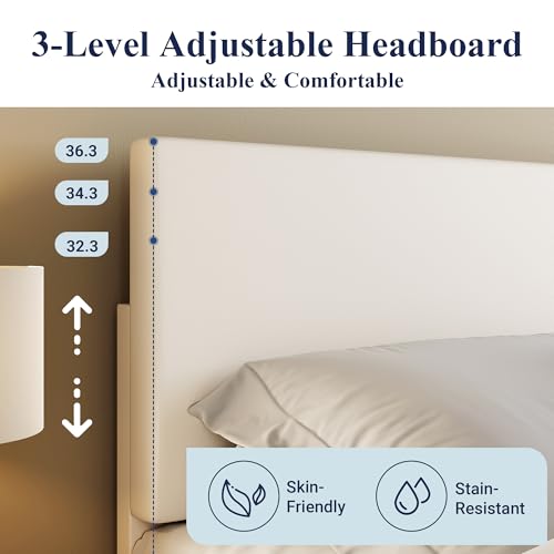 Full Size Upholstered Platform Bed Frame with Adjustable Headboard, White