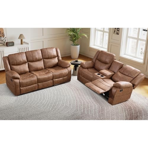 2-Piece Faux Leather Reclining Sofa and Loveseat Set, Brown