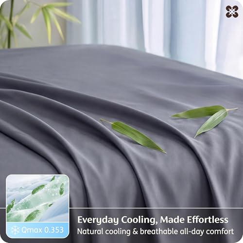 Bedsure Bamboo Queen Sheet Set - Cooling Silky Soft Bed Sheets, Dark Grey