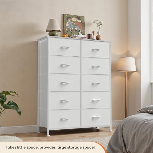 10 Drawer Tall Dresser Tower with Fabric Storage Bins and Wood Top