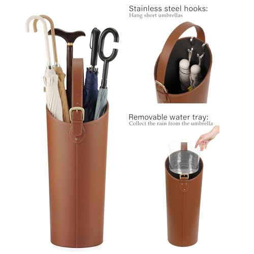 Tall Leather Umbrella Stand for Entryway with Drip Tray and 2 Hooks