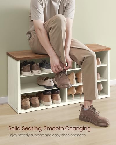 Rustic Shoe Storage Bench with 6 Adjustable Shelves, White and Honey Brown