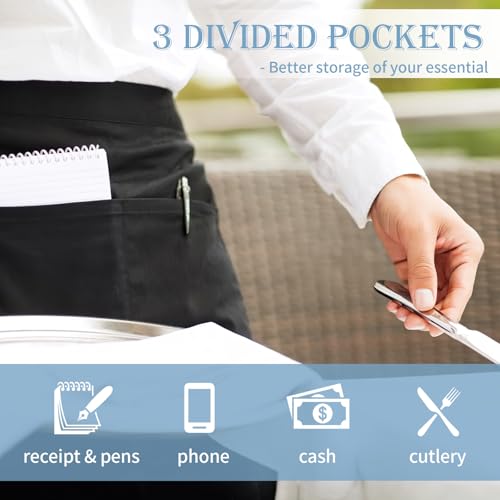 3-Pack Short Server Apron with 3 Pockets - Stain-Resistant Polyester