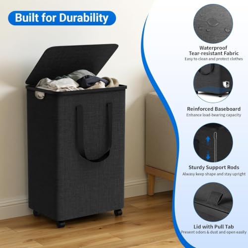 SmartKempt Rolling Laundry Basket with Wheels and Lid, 75L Deep Gray