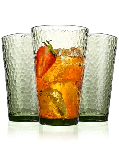 Amyoole Green 16oz Hammered Highball Drinking Glasses Set of 8 - Dishwasher Safe