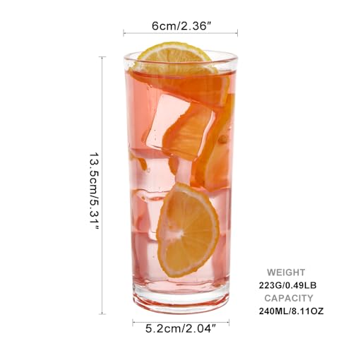 BTGLLAS Glass Set of 6 Highball Drinking Glasses 8oz for Cocktails & Water - Clear