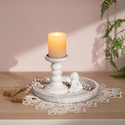 Rustic Wooden Tray Candle Holder - Distressed White Decorative Accent