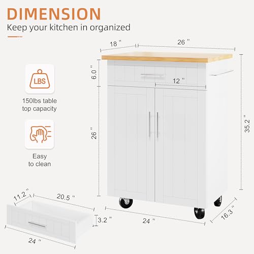 Rolling Kitchen Island Cart with Storage Cabinet & Wheels - White