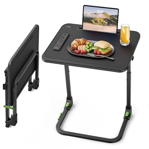 Adjustable Folding TV Tray Table with Leather Surface for Bed and Couch