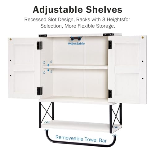Farmhouse Medicine Cabinet with Barn Doors and Towel Rack, Wood Wall Storage