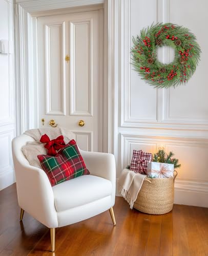 Oairse Norfolk Pine Wreath with Pinecones, Berries & Cedar - 23 Inch Indoor/Outdoor Xmas Door Decor
