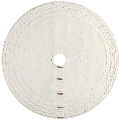 60-Inch Cream Cable Knit Christmas Tree Skirt with Wooden Toggles - Starry Dynamo