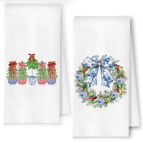 Chinoiserie Christmas Kitchen Towels Set of 2 - Tree Wreath Casual Variation, Blue & White Holiday Decor